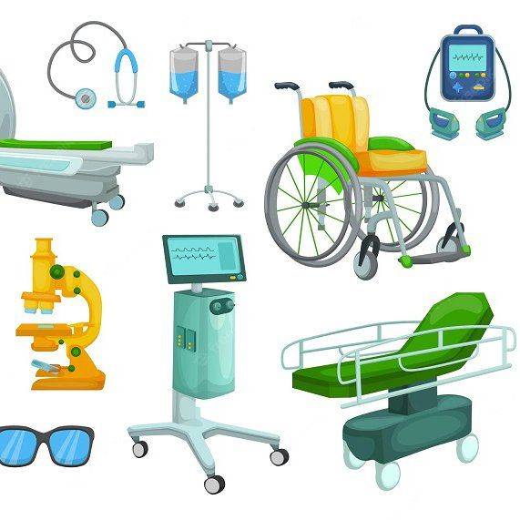 A set of medical equipment including a wheelchair , microscope , headphones , and a bed.