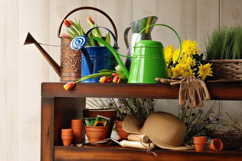 Wooden Shelf With Watering Cans, Flowers, Gardening Tools, and Pots — The Soil Yard in Delacombe, VIC