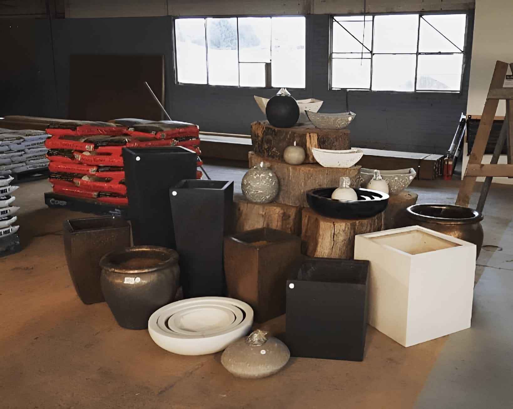 Assortment of Modern Planters in Various Shapes and Materials on a Warehouse — The Soil Yard in Delacombe, VIC