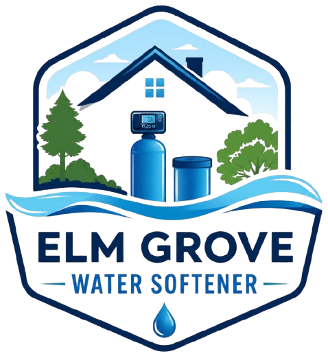 Elm Grove Water Softener Logo with Hexagon Badge Emblem, House Graphic, Water Softener System, Wave Graphic, Trees