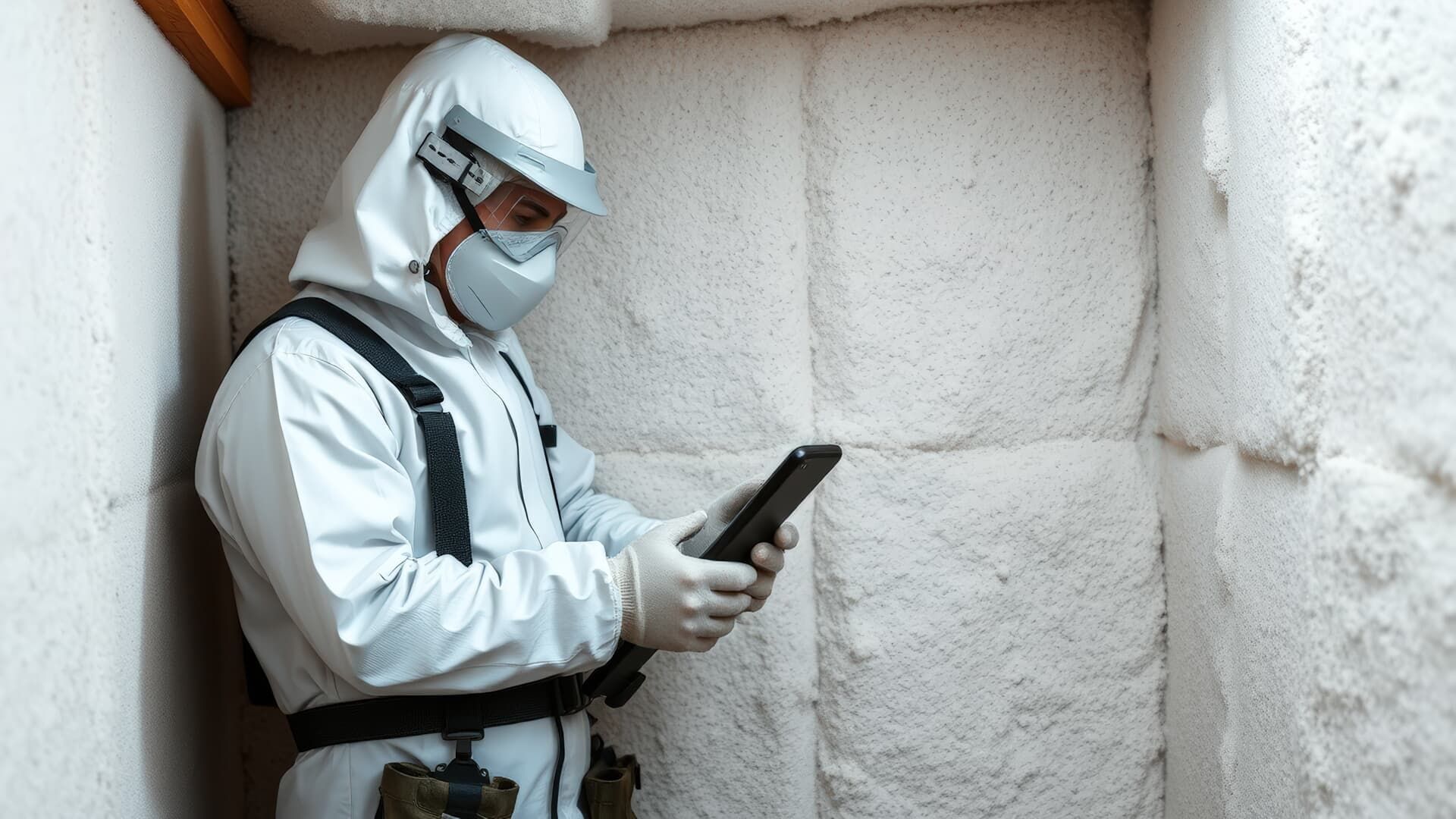 Person in protective suit inspecting insulation with a tablet.