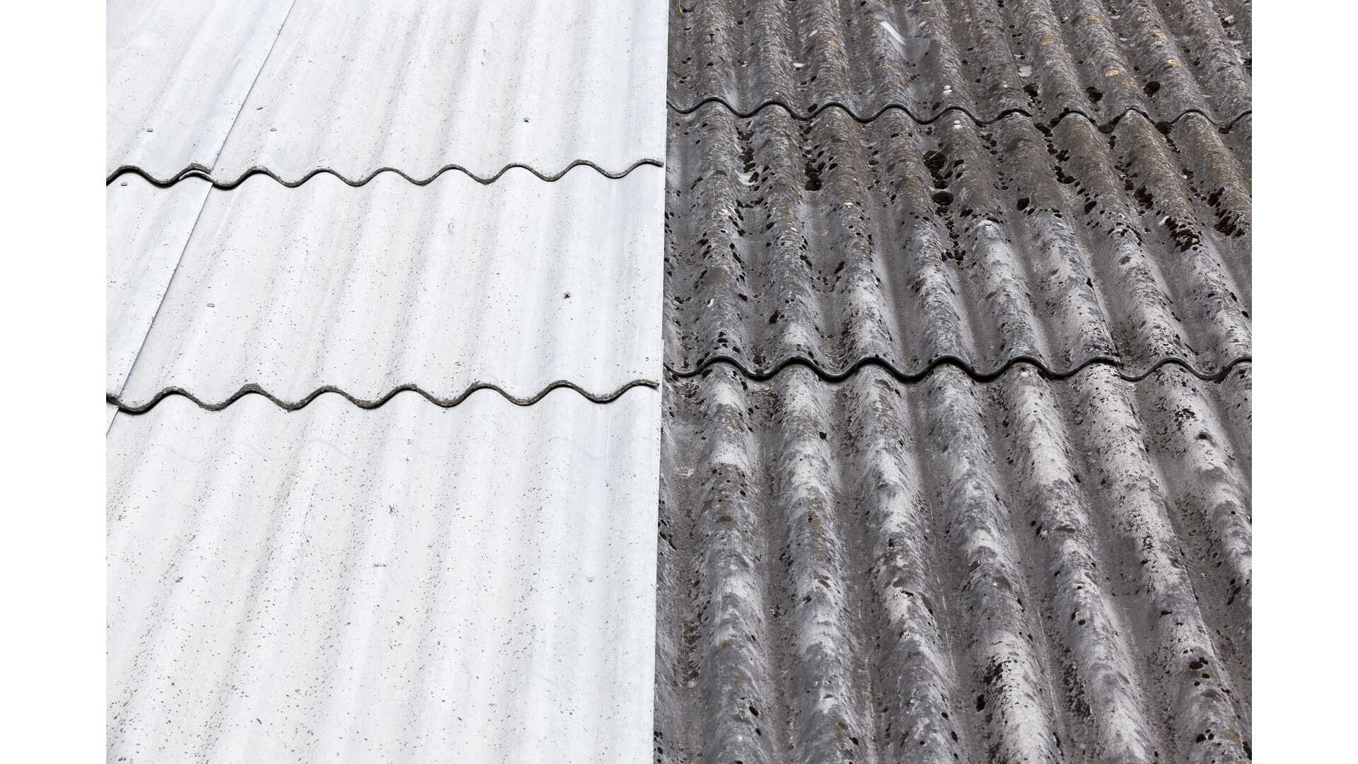 Comparison of a clean and dirty corrugated roof section. White section is clean, the darker right section is dirty.