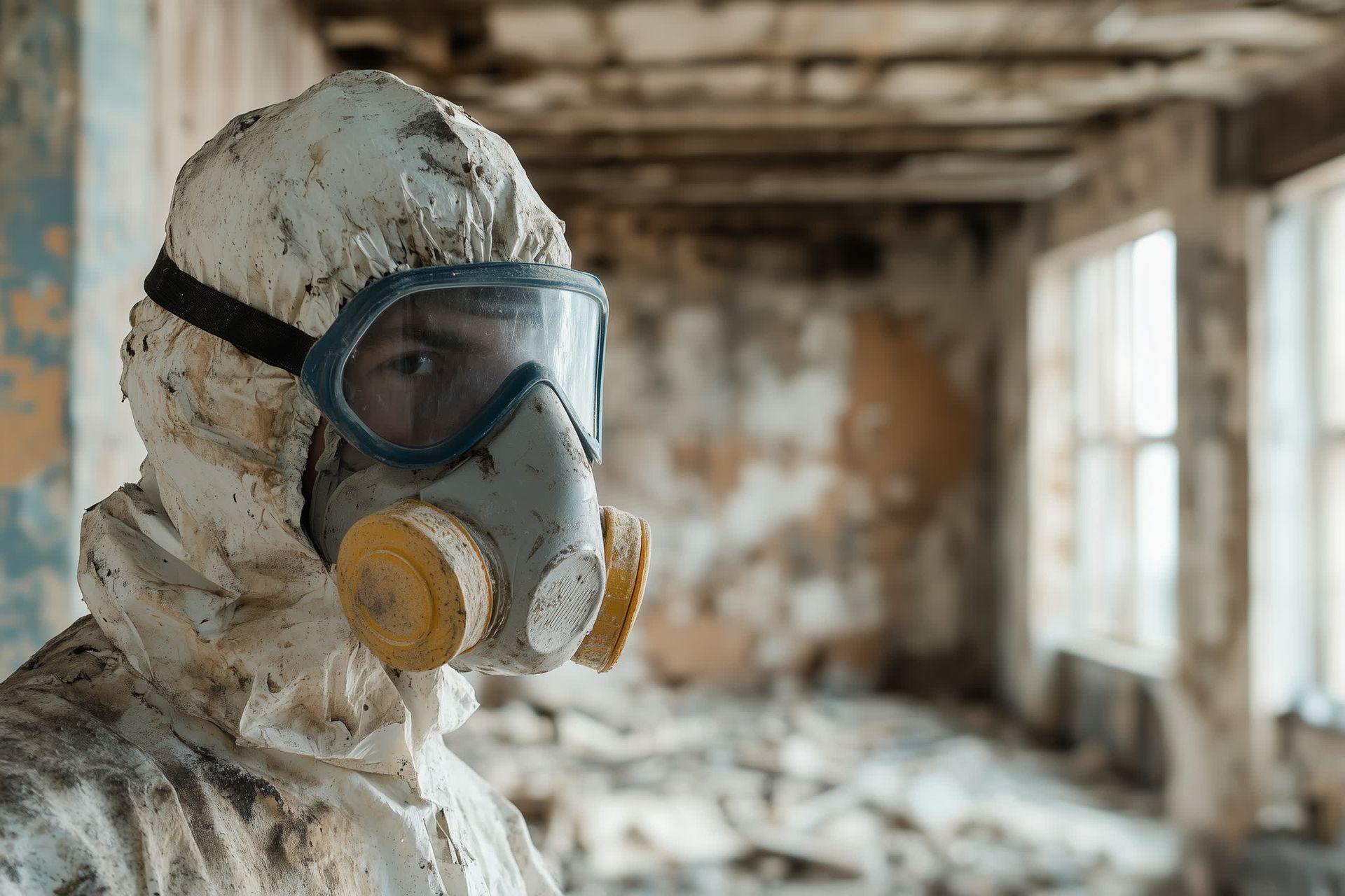 Person in hazmat suit and gas mask inside a dilapidated, debris-filled building.