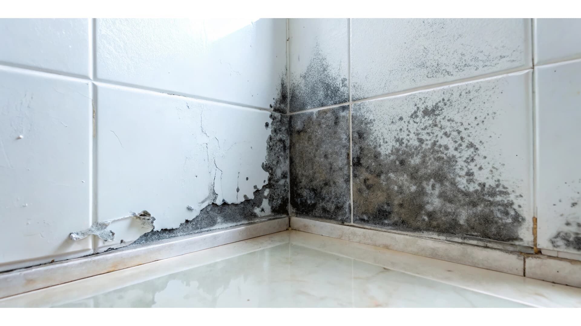 Moldy tiles in the corner of a bathroom, black and grey growth, white tiles.