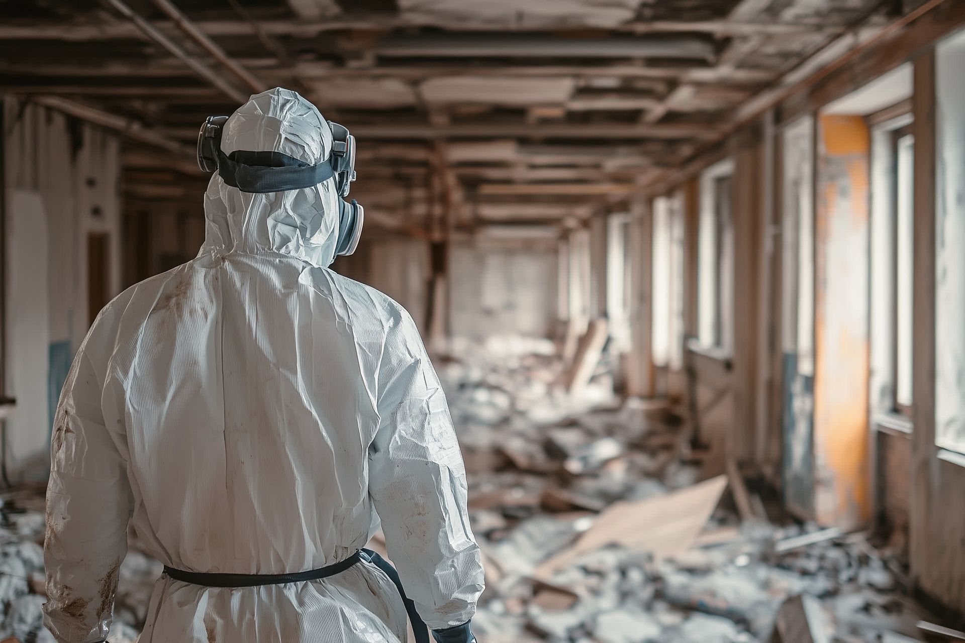 Person in protective suit surveying debris-filled, dilapidated hallway with exposed ceiling.