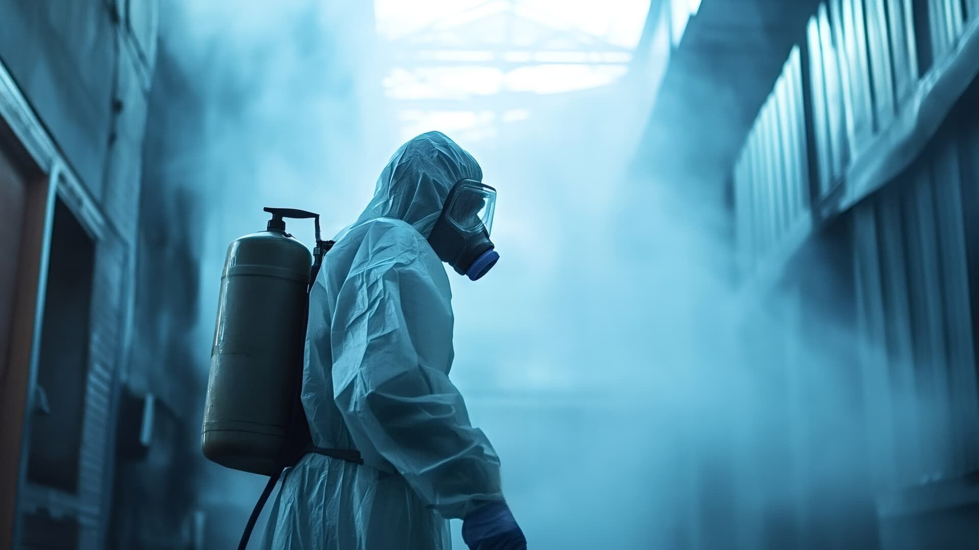 Person in hazmat suit sprays disinfectant in a fog-filled, industrial hallway.