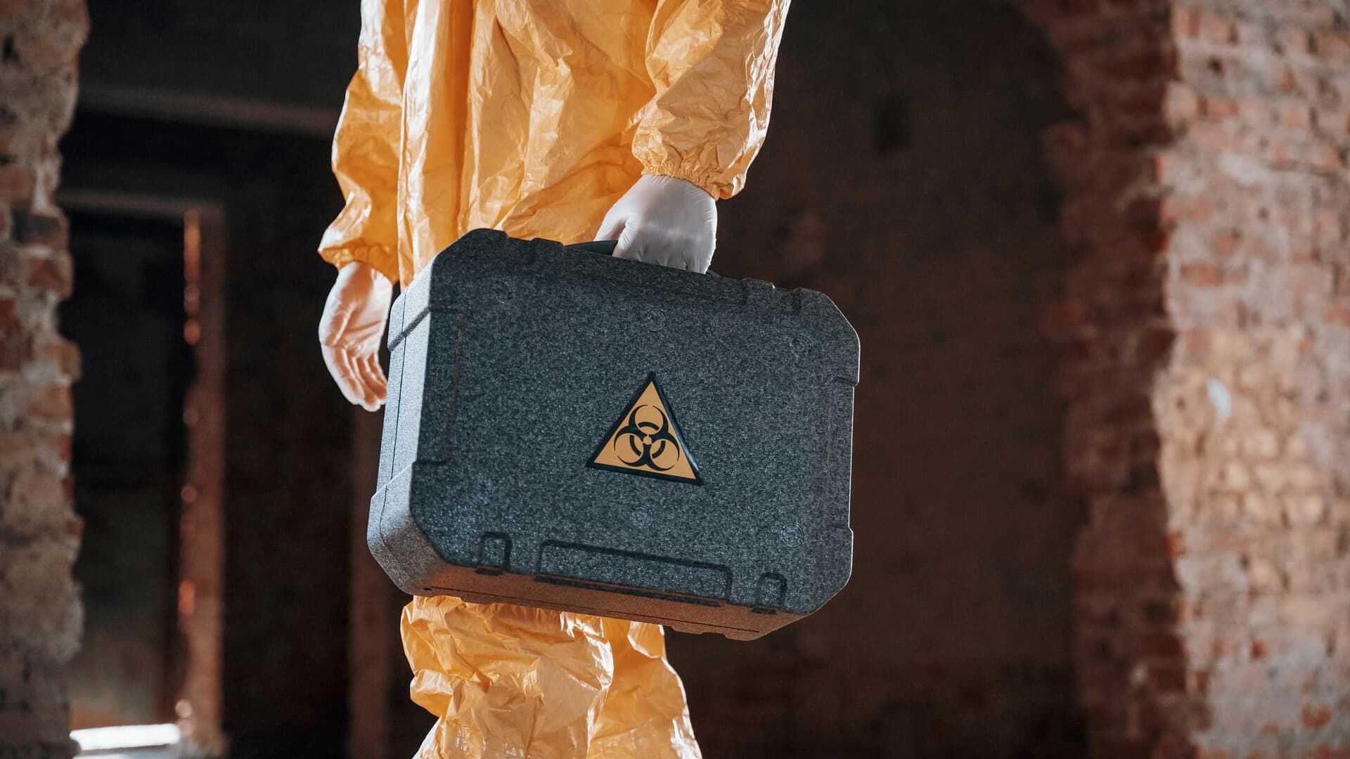 Person in hazmat suit holding a black briefcase with biohazard symbol in a brick building.