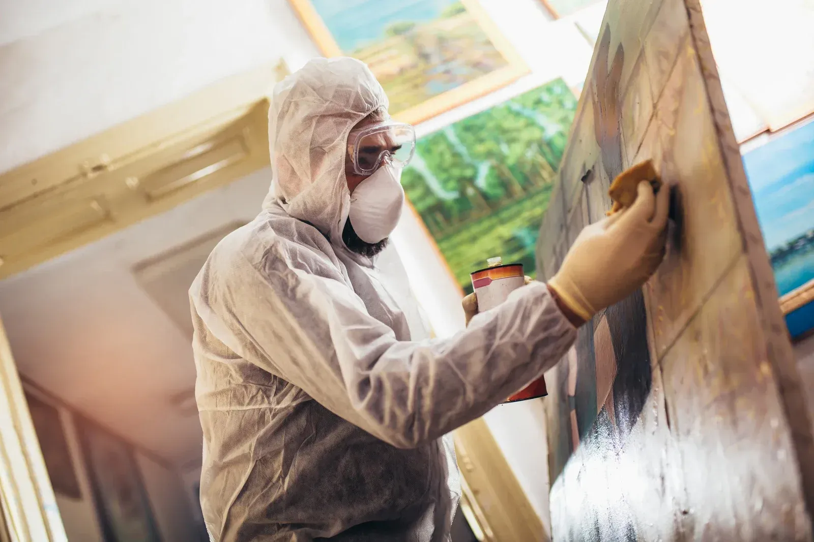 A man wearing a hard hat and goggles is standing in a room.