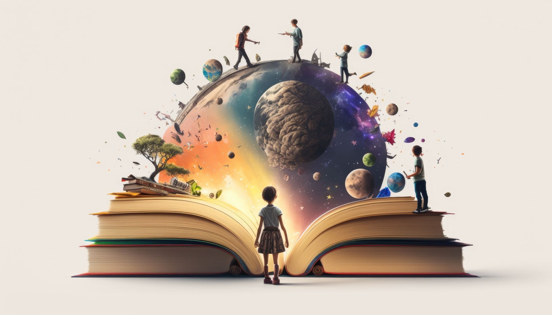 A girl is standing on top of a stack of books.