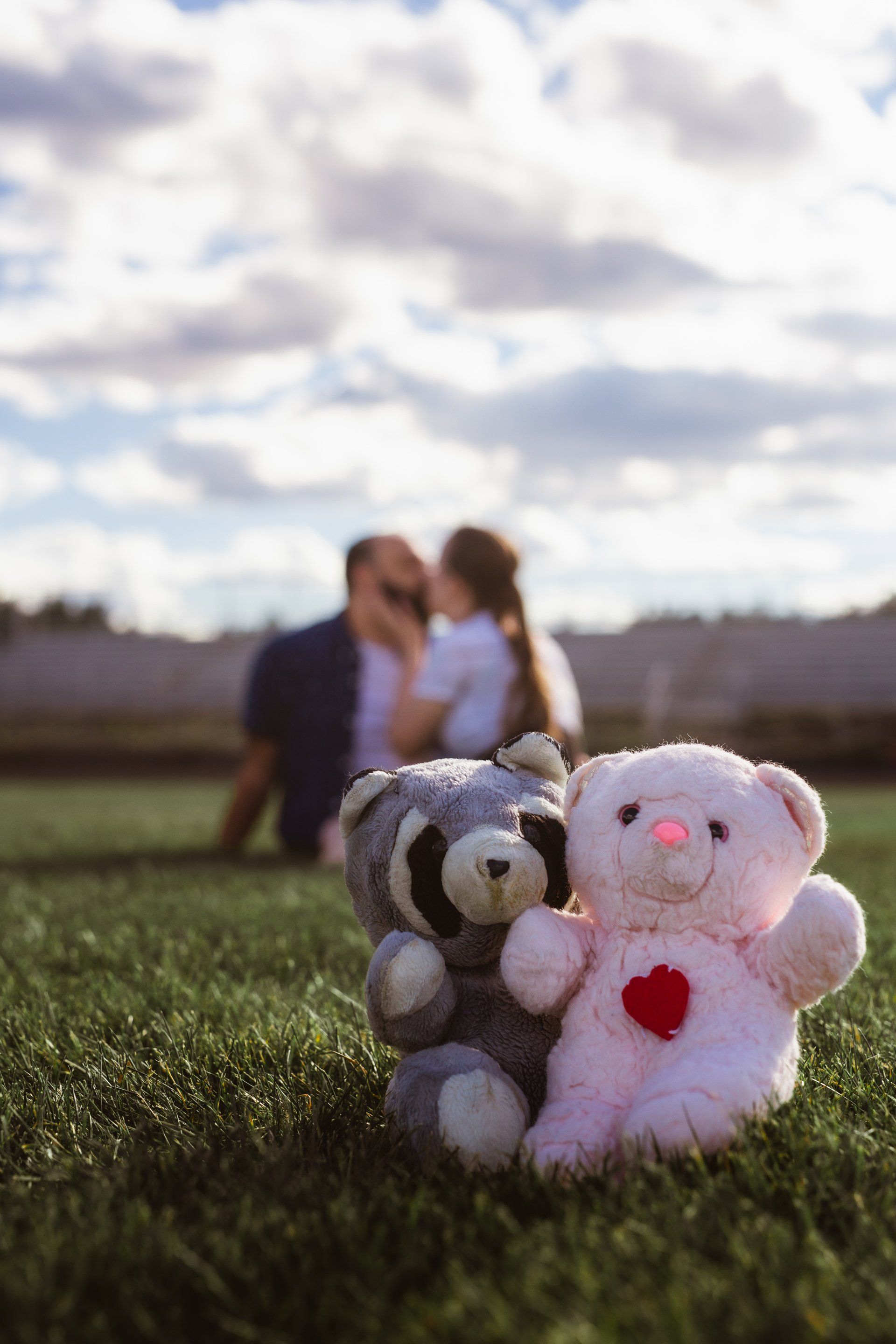A couple is kissing in the background while two teddy bears are sitting in the grass.