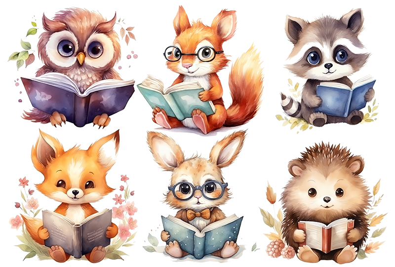 A set of animals reading books on a white background.