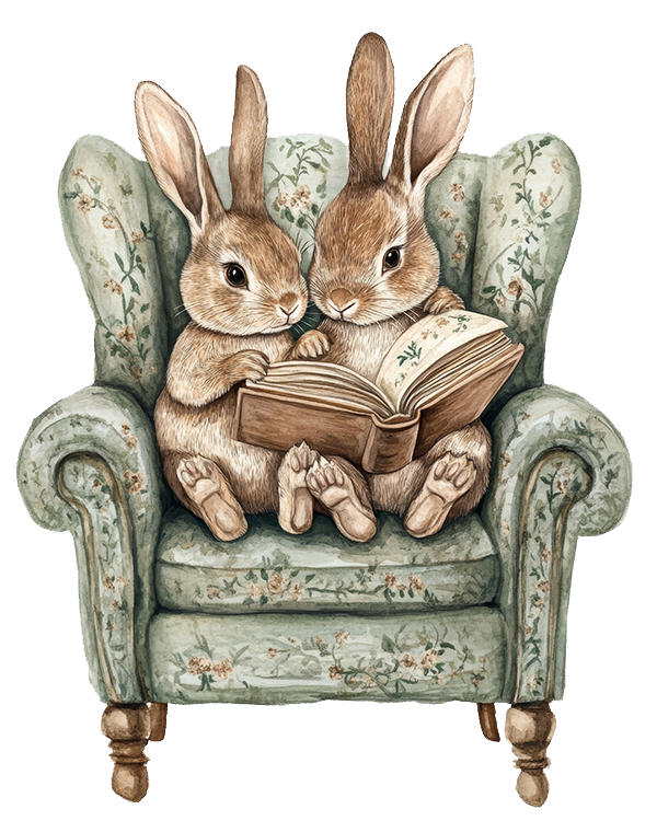 Two rabbits are sitting in a chair reading a book.