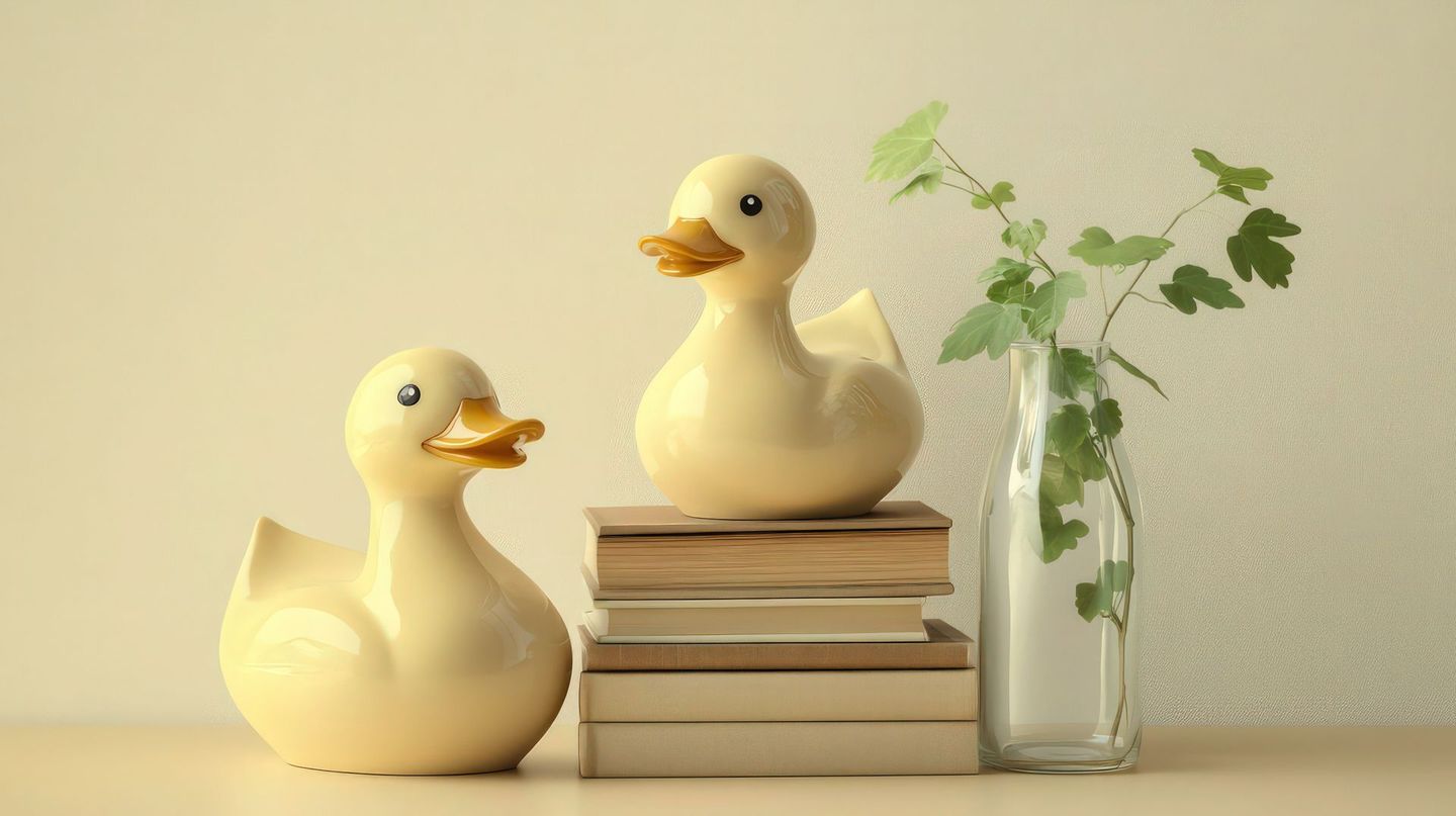Two rubber ducks are sitting on top of a stack of books.