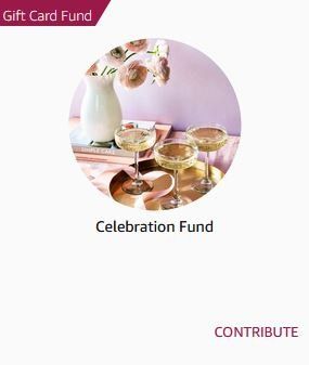 A gift card for a celebration fund with a picture of wine glasses on a table.