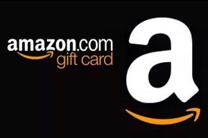 An amazon gift card is shown on a black background
