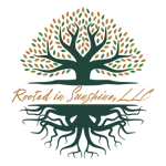 Logo: Tree with green and brown leaves, roots below, and text 