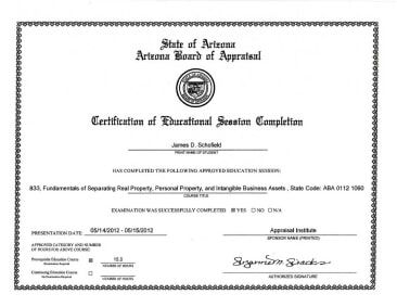 Certification of Educational Session Completion - Commercial Appraisals in Phoenix, AZ