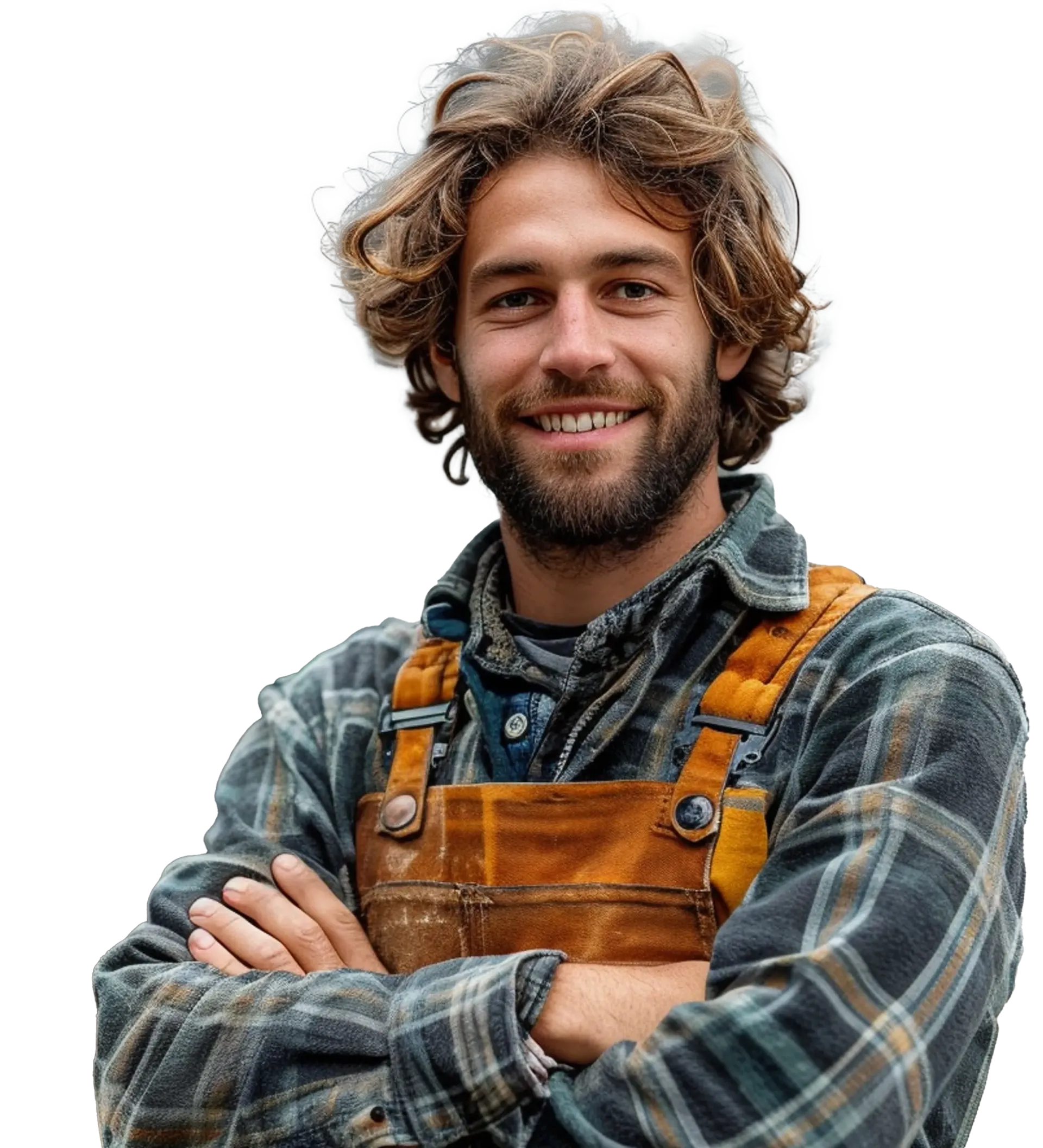 A man with a beard is wearing overalls and a plaid shirt.