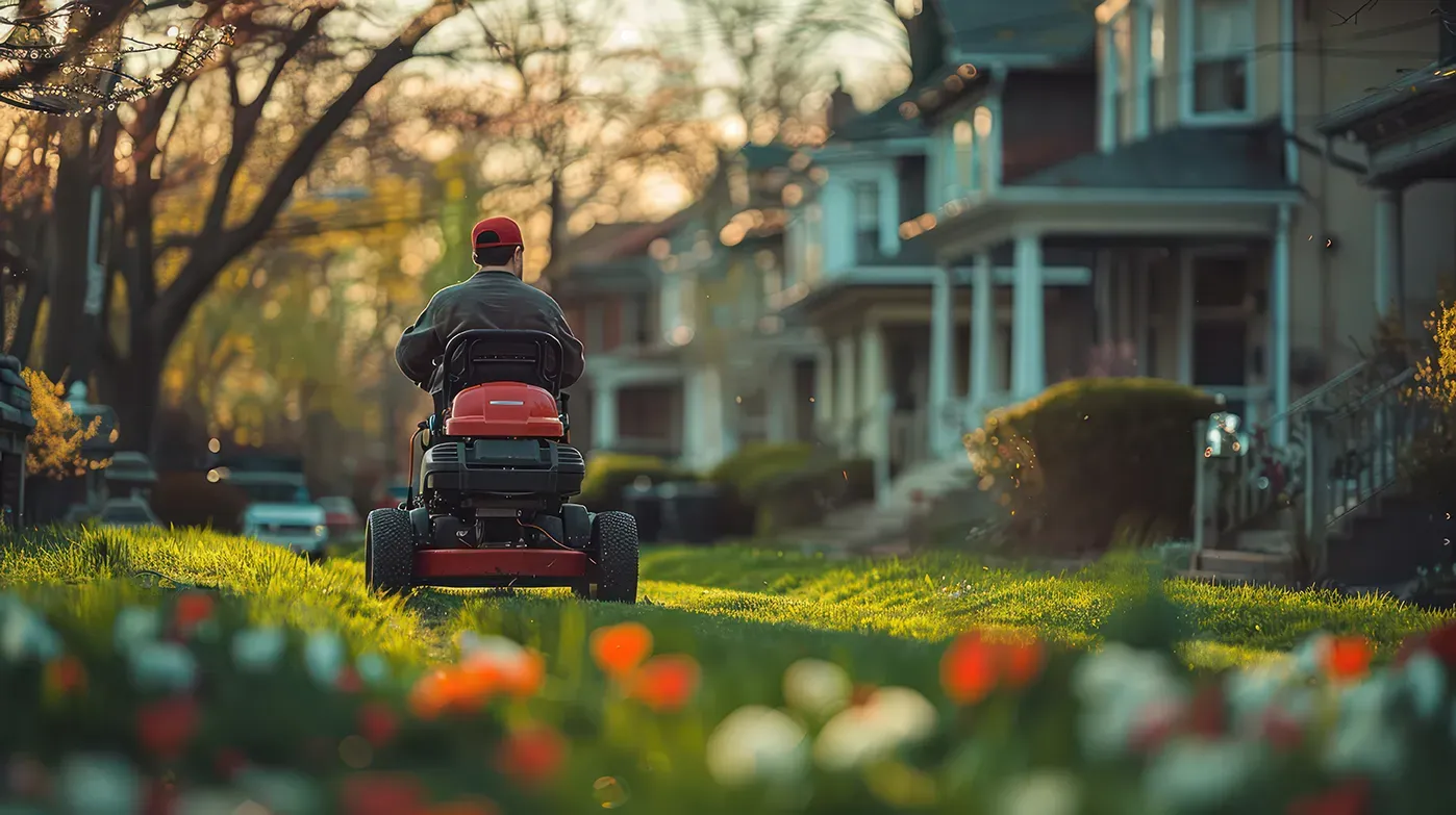 A man is riding a lawn mower down a lush green lawn.