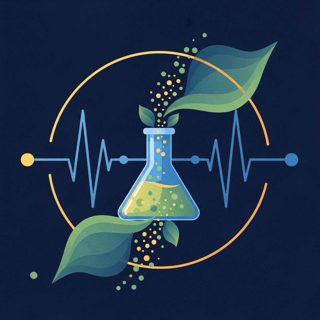 Vaso de precipitados con hojas, partículas y línea de latidos del corazón dentro de un círculo dorado sobre un fondo azul