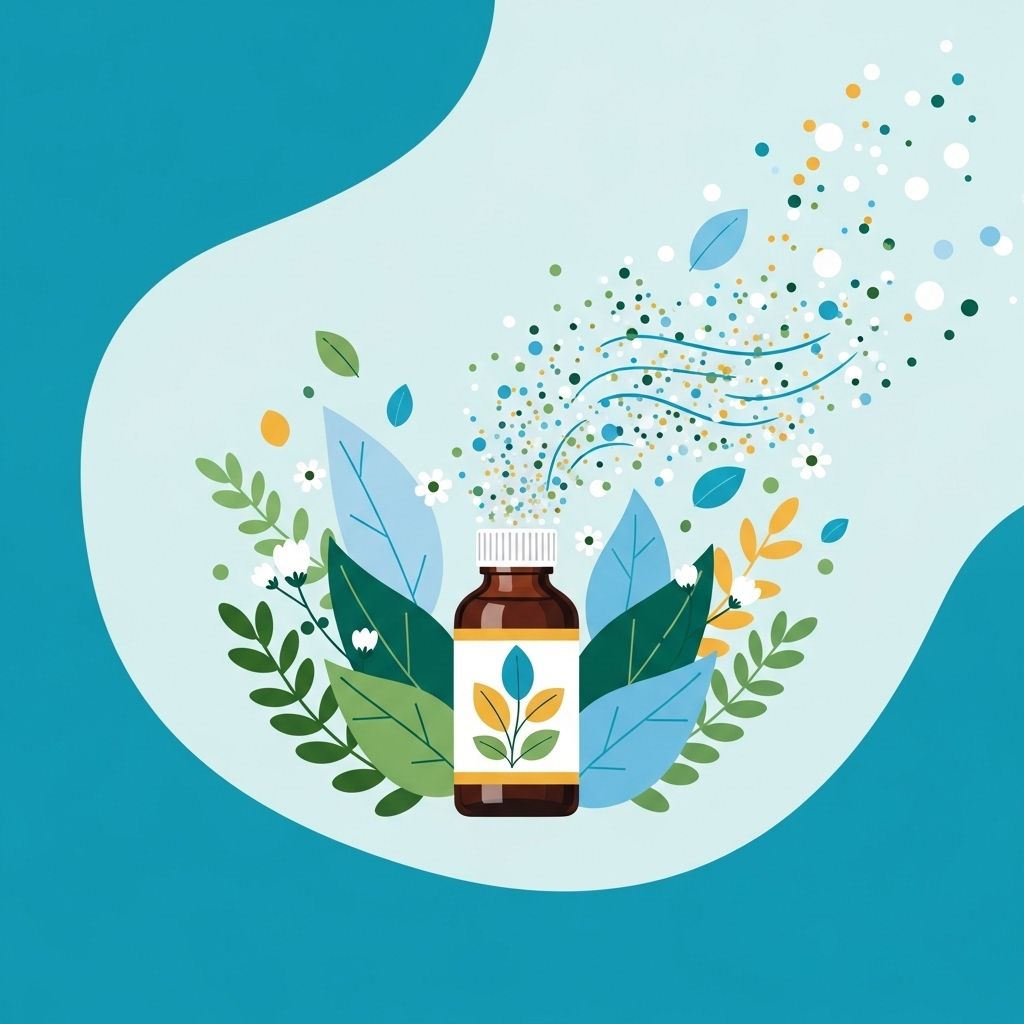 Botella con ilustración de planta y hojas, liberando partículas de luz.