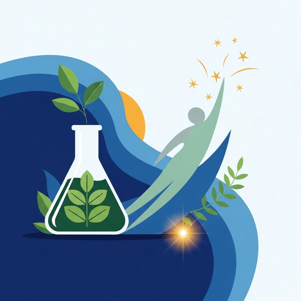 Vaso con hojas, persona que busca estrellas, olas azules, sol.