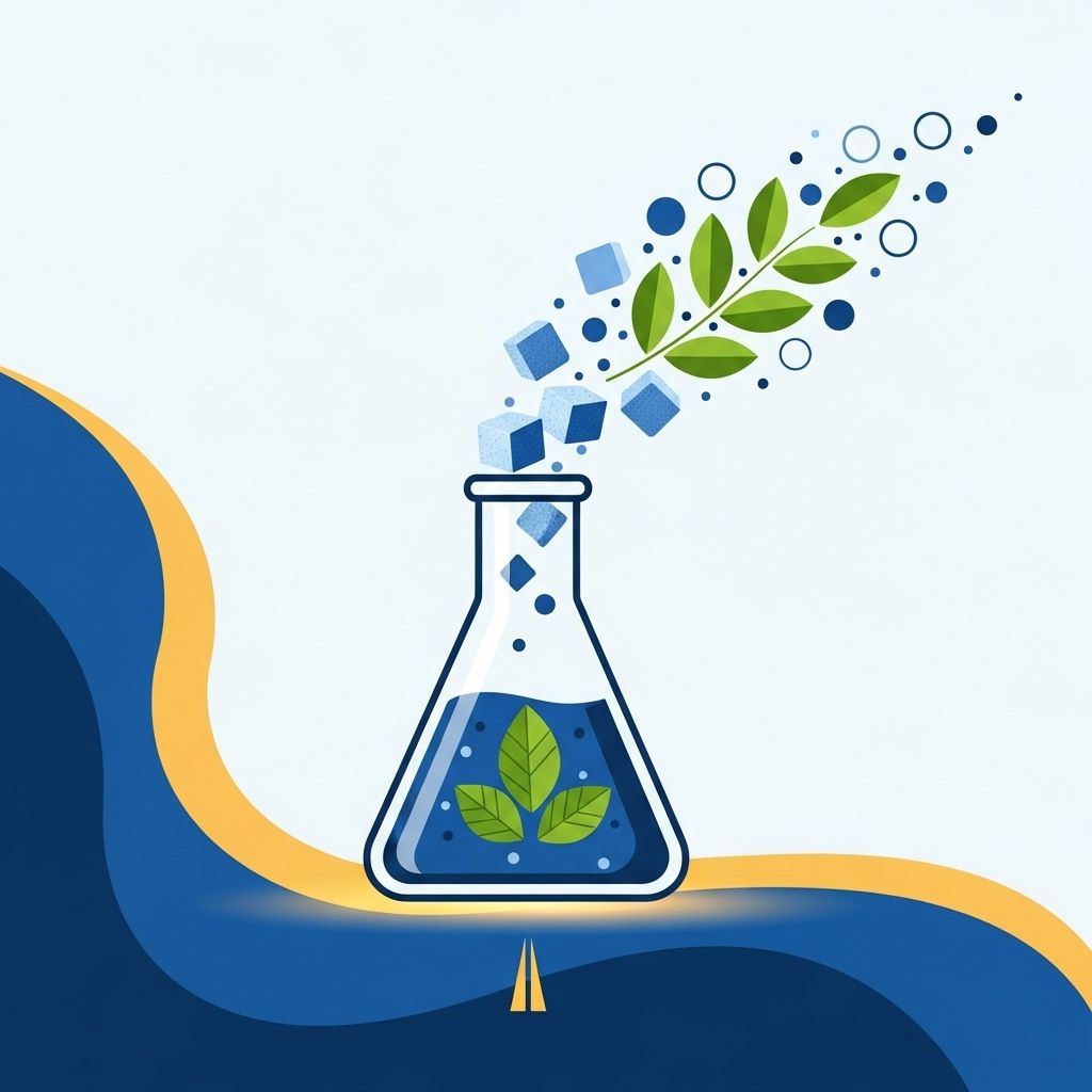 Un matraz de laboratorio con hojas en su interior emite cubos, burbujas y una rama con hojas