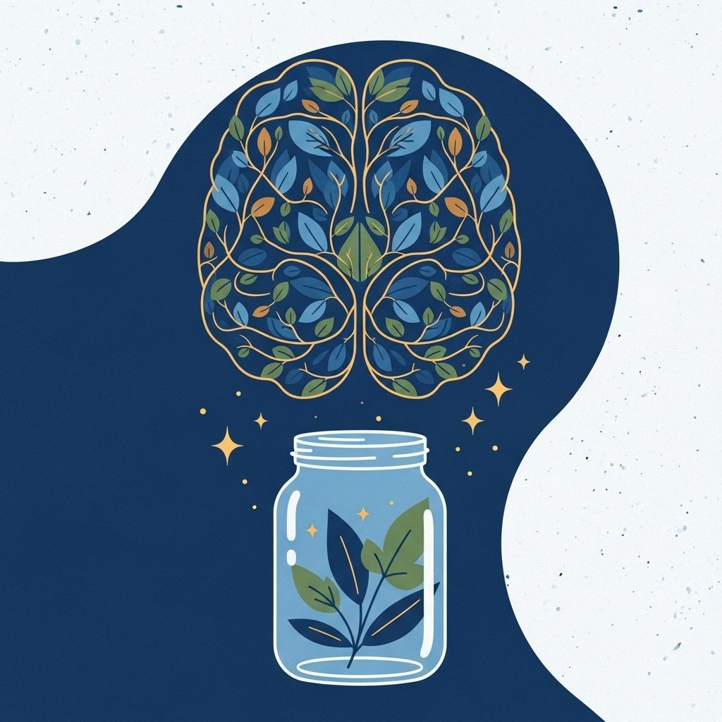 Cerebro con hojas sobre un frasco que contiene hojas; azul, dorado y blanco.