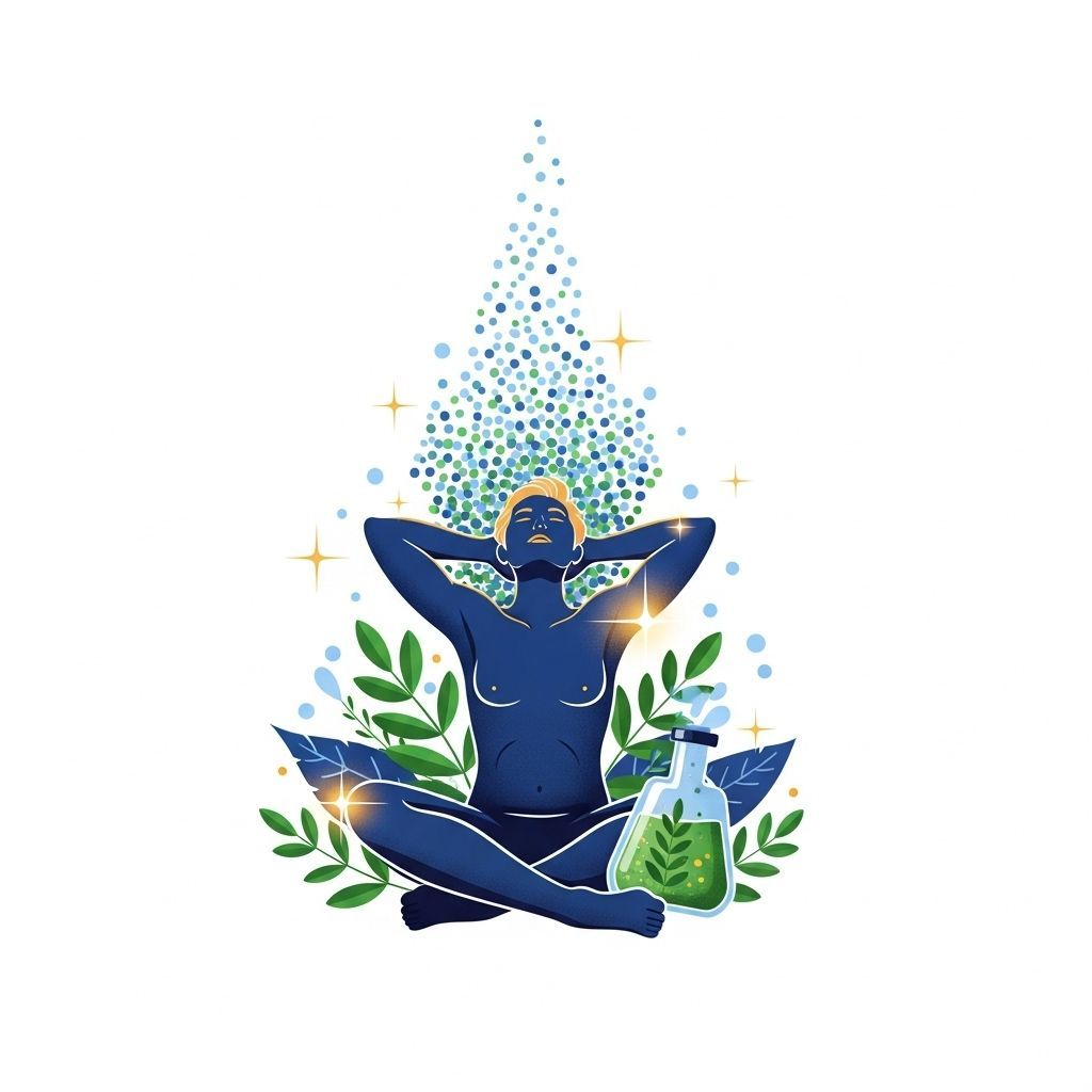 Persona meditando con piel azul brillante, rodeada de hojas, una botella científica y un flujo de partículas azules.