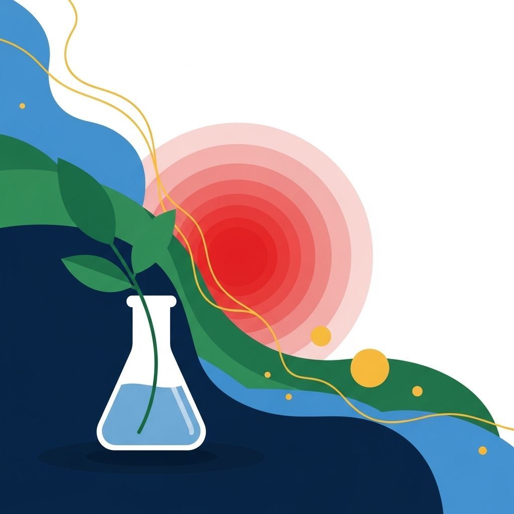 Vaso con tallo de planta, sol rojo y ondas azules y verdes.