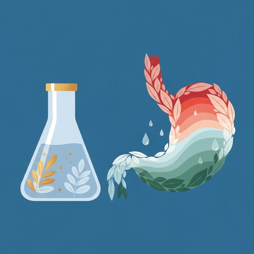 Matraz con diseño de hojas junto a una ilustración en forma de estómago con colores rojo, verde y azul, con gotas de agua.