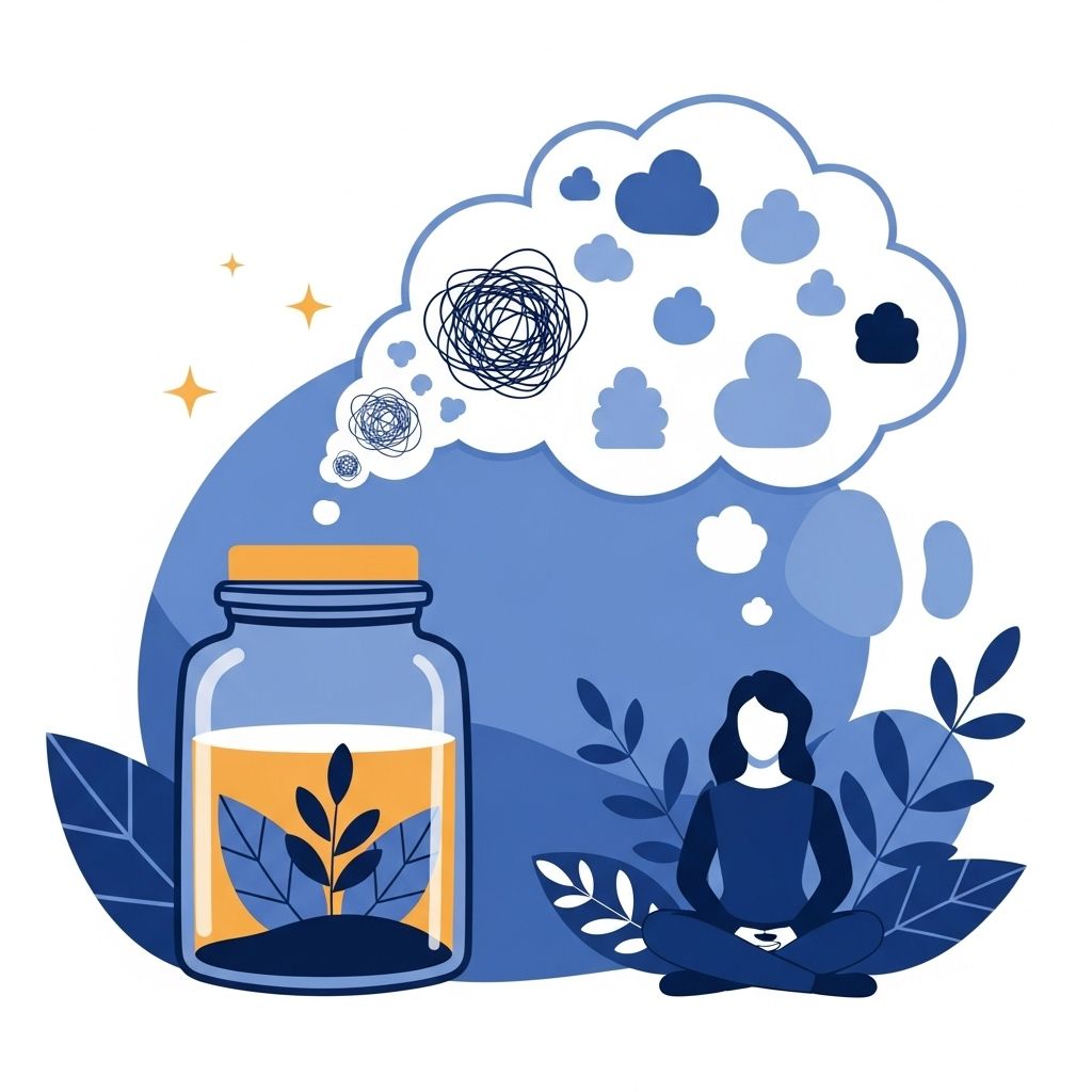 Mujer meditando junto a un jarrón con una planta, pensando en nubes y pensamientos enredados. Tonos azules y amarillos.