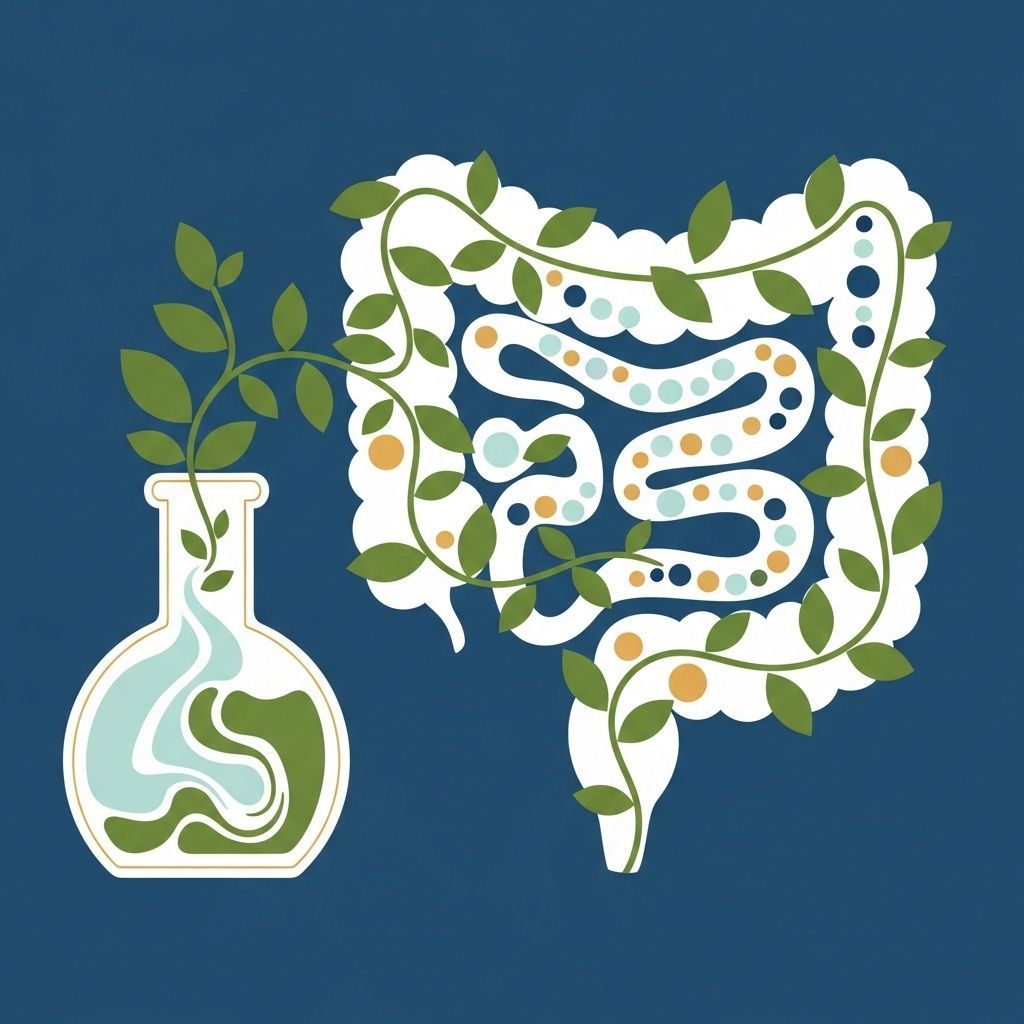 Forma de intestino con enredaderas en crecimiento; matraz con líquidos azules y verdes fluyendo.