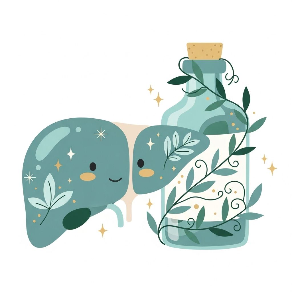 Lindo hígado de dibujos animados y botella con enredaderas frondosas; colores verde azulado y dorado.