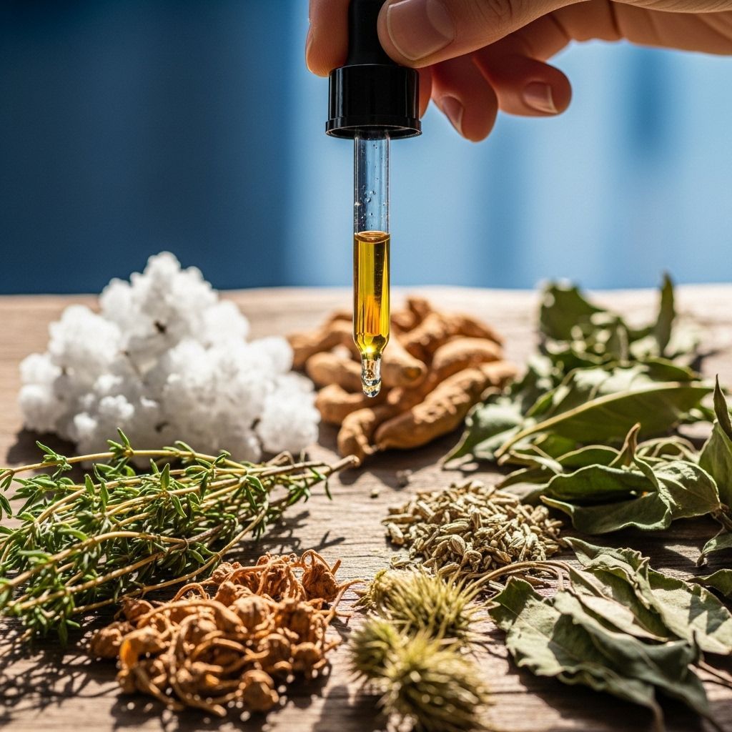 Mano sosteniendo un gotero con líquido ámbar sobre una variedad de hierbas e ingredientes en una superficie de madera.