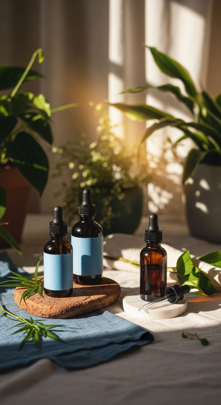 Tres frascos goteros con etiquetas azules se encuentran sobre una mesa con plantas, luz solar y un mantel azul.