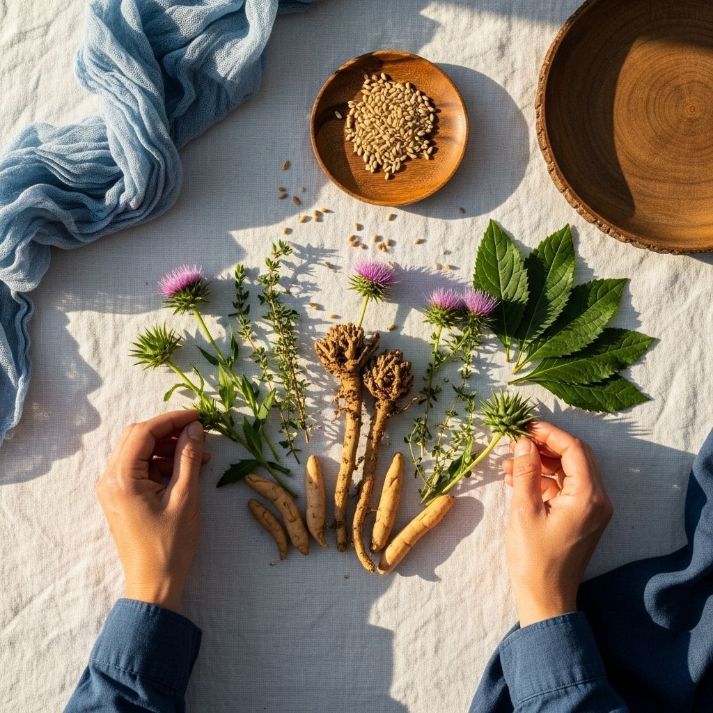Manos arreglando hierbas, flores y raíces sobre un paño blanco; cuencos de madera con semillas, paño azul en el fondo.