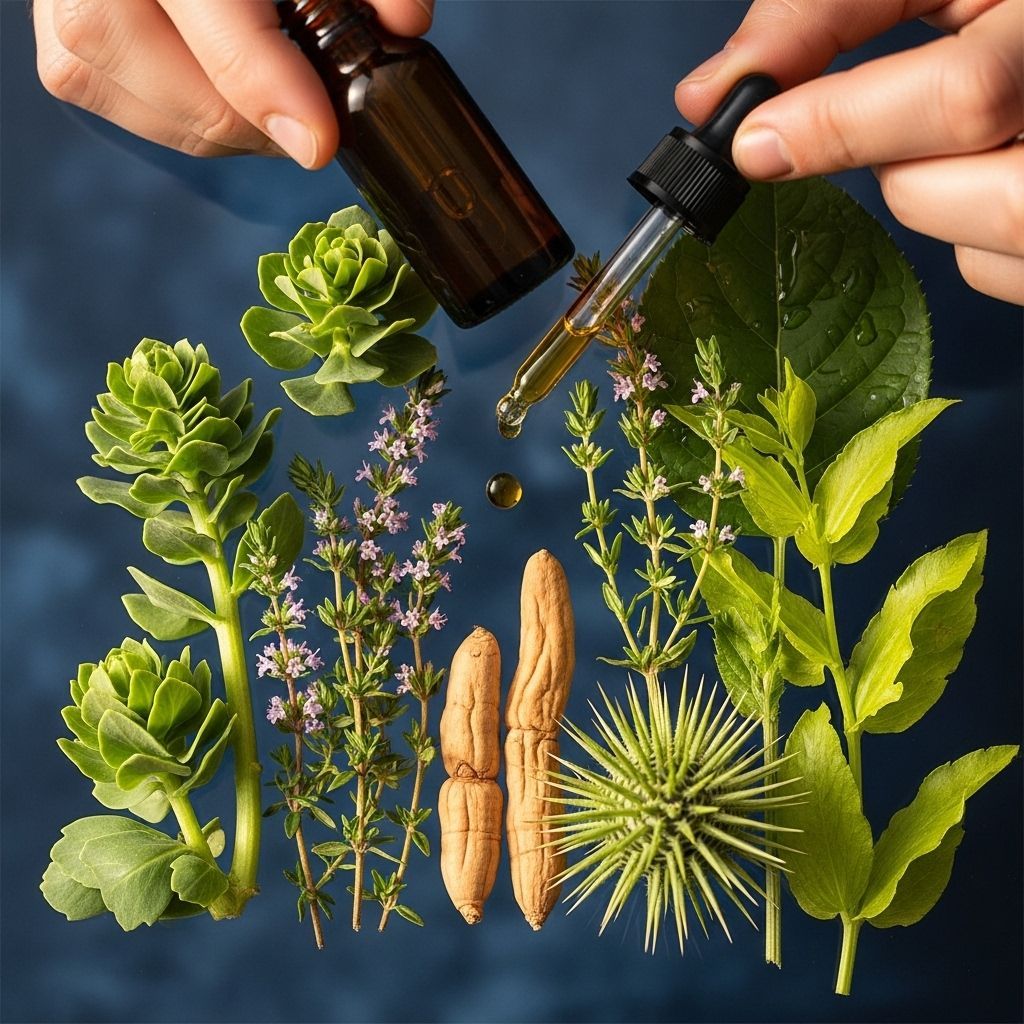 Manos sosteniendo un gotero que dispensa aceite sobre varias hierbas y raíces sobre una superficie azul.