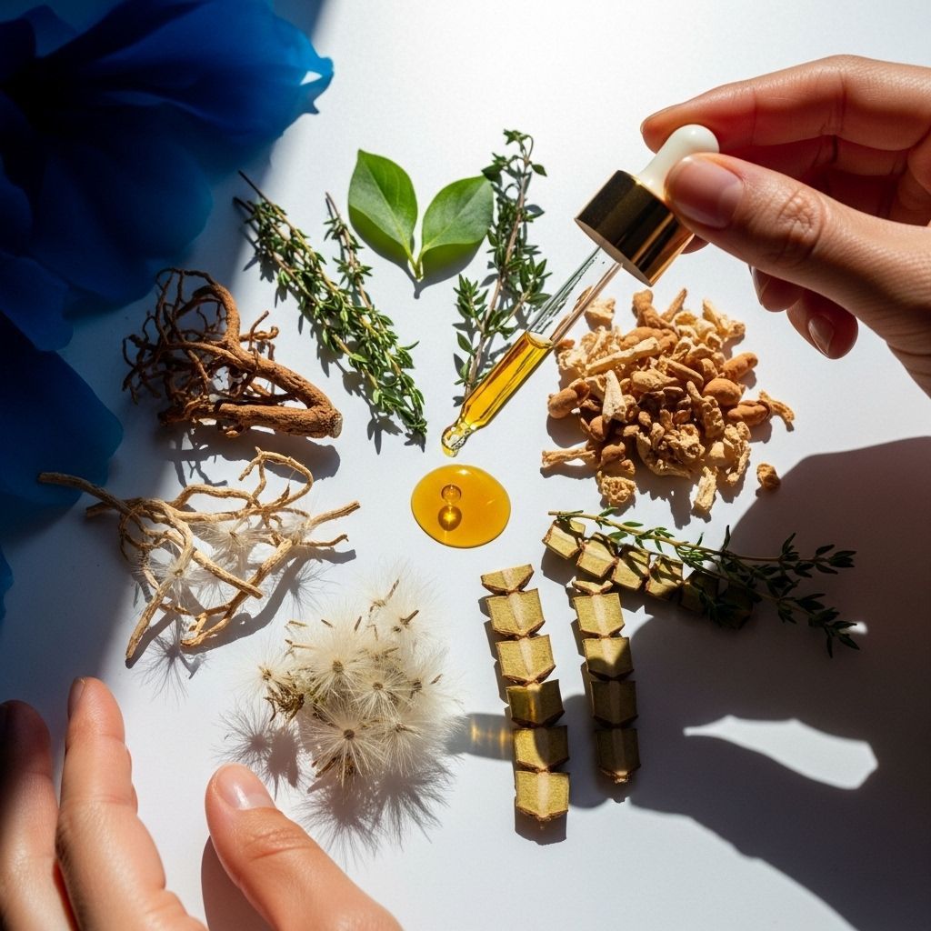 Mano sosteniendo un gotero sobre un círculo de hierbas y raíces. Gota de aceite en el centro; fondo blanco.