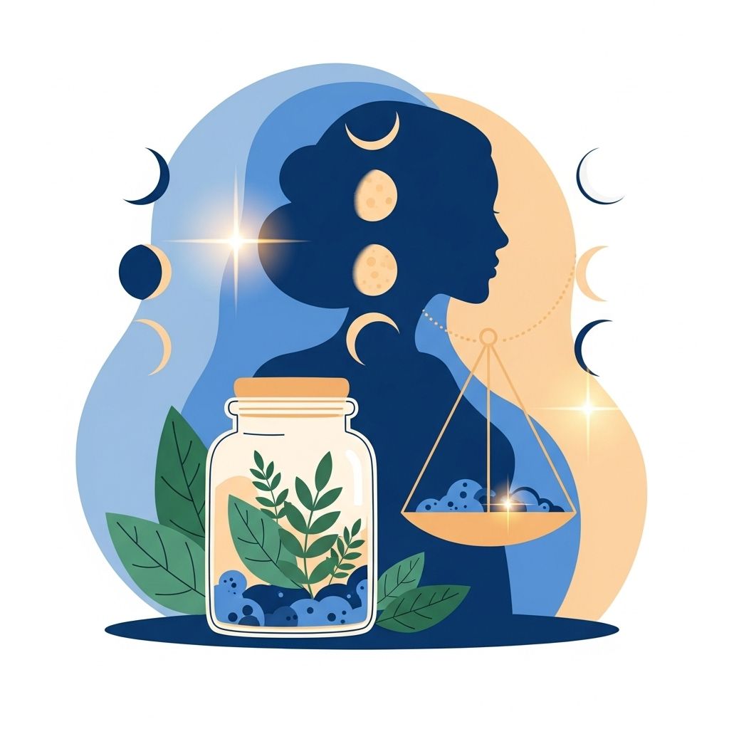 Silueta con fases lunares, balanza, tarro con plantas, sobre fondo azul y crema.