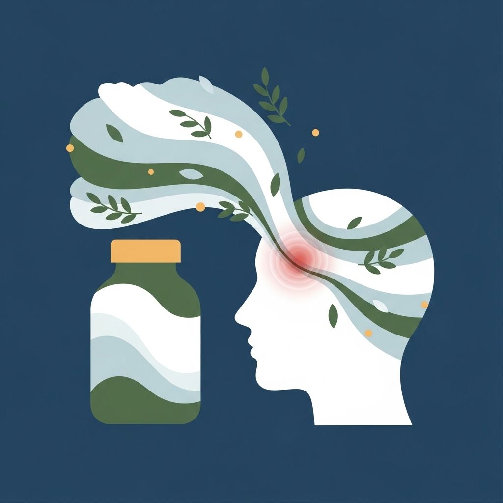 Un perfil de cabeza blanca con vegetación fluida, una botella de pastillas y una mancha roja, sobre un fondo azul.