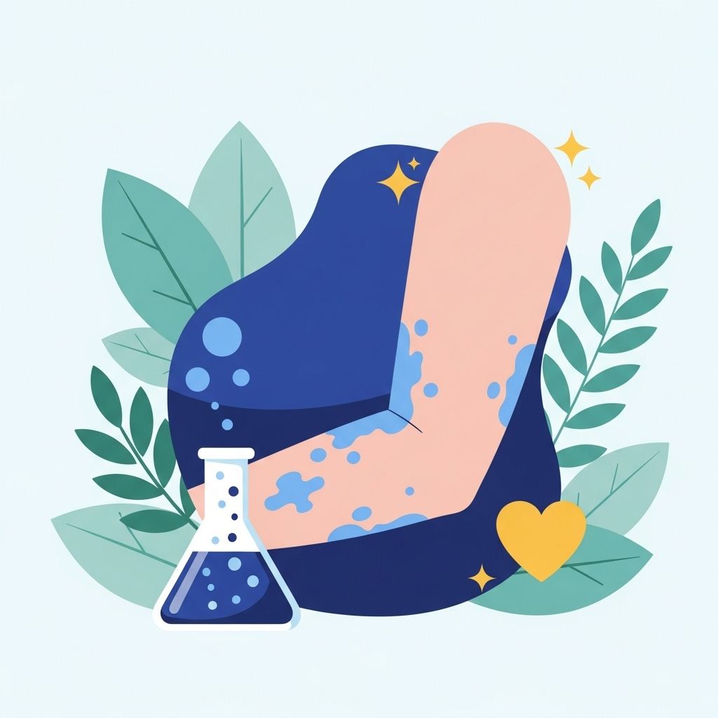 Ilustración de un brazo con vitíligo, rodeado de plantas y un vaso de líquido azul, con un corazón amarillo.