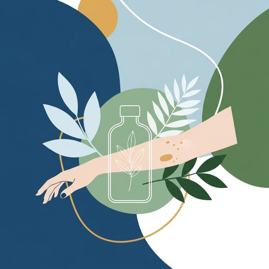 Mano con irritación en la piel junto a una botella con hojas, sobre un fondo de formas abstractas
