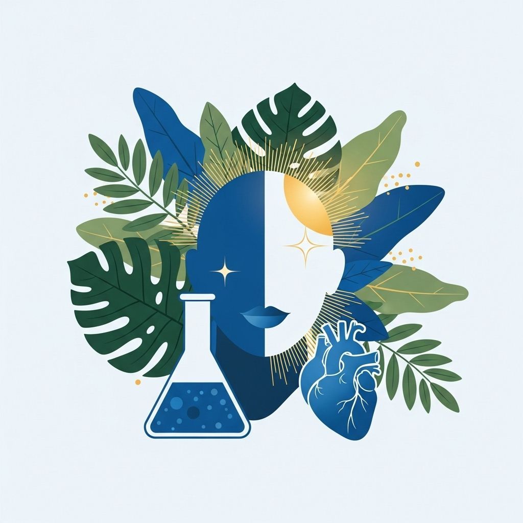 Ilustración de un rostro partido con un frasco, un corazón y hojas; mitad iluminado y mitad oscuro, con un sol.