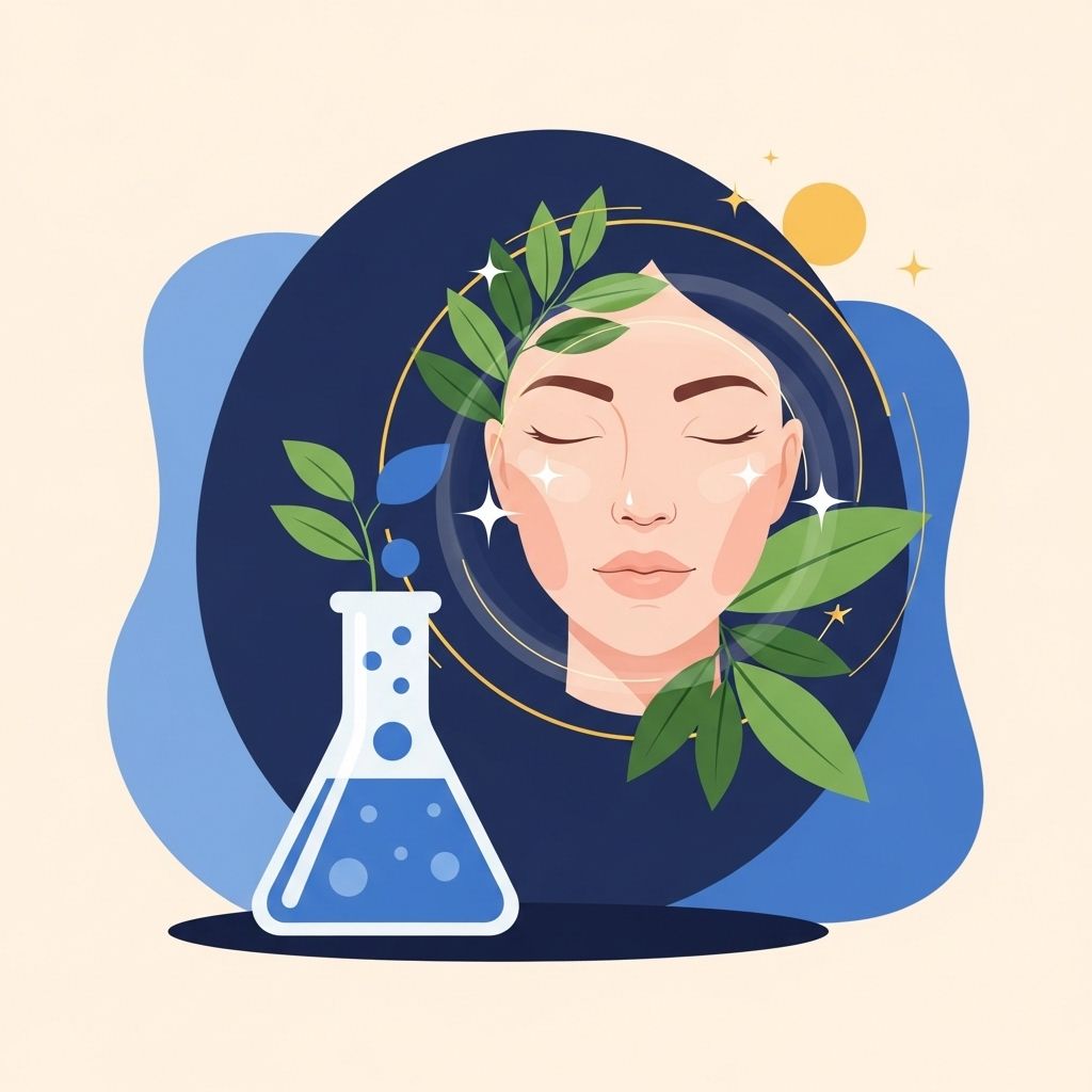 Rostro de mujer con los ojos cerrados, rodeado de hojas, dentro de un círculo azul y un vaso de precipitados