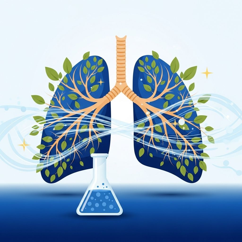 Ilustración de pulmones con ramas y hojas en forma de árbol, con un matraz debajo que emite corrientes de aire.