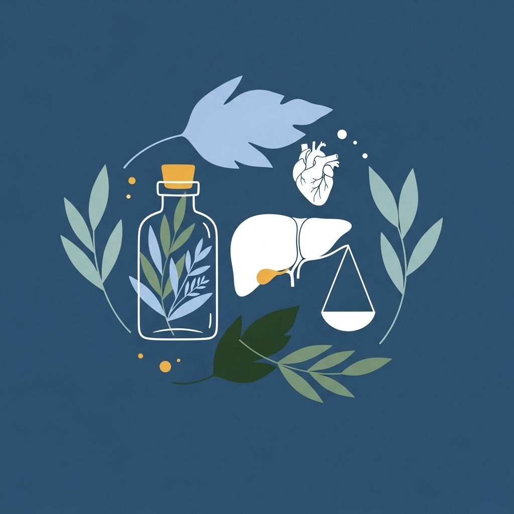 Botella de hierbas, hígado, corazón y escamas en una corona de hojas sobre fondo azul.