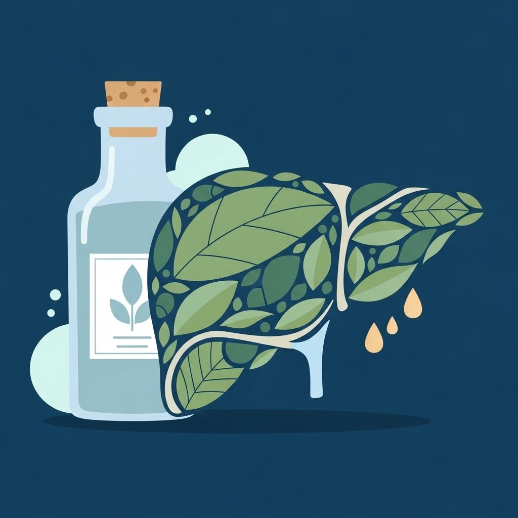 Un hígado estilizado formado por hojas verdes con una botella de líquido al lado