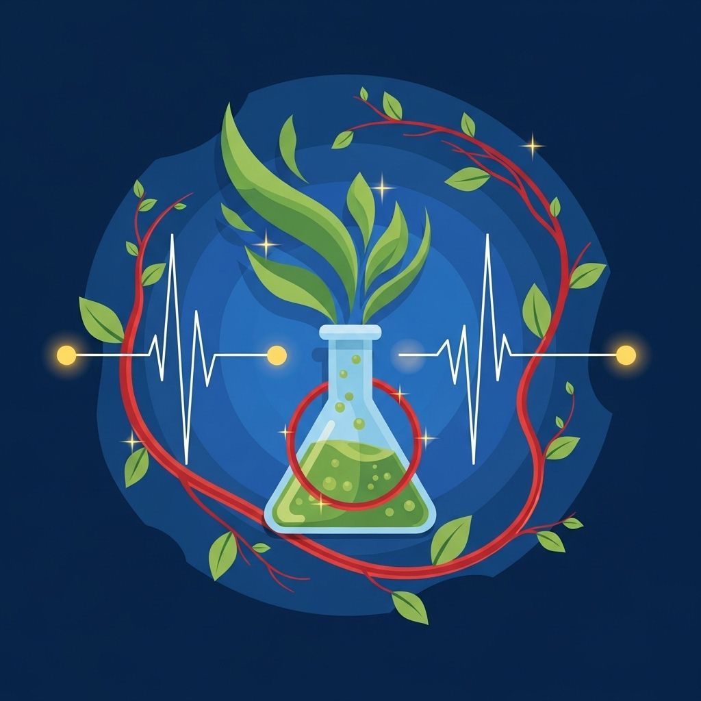 Matraz con líquido verde y hojas, rodeado de una enredadera y un latido de corazón, fondo azul.