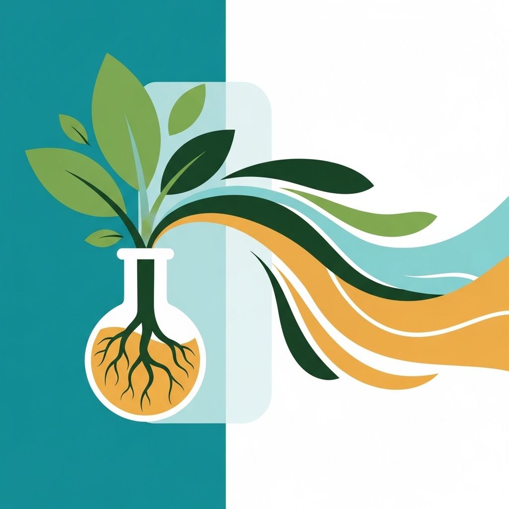 Planta creciendo en un matraz, raíces visibles, con líneas fluidas en verde, azul y dorado.